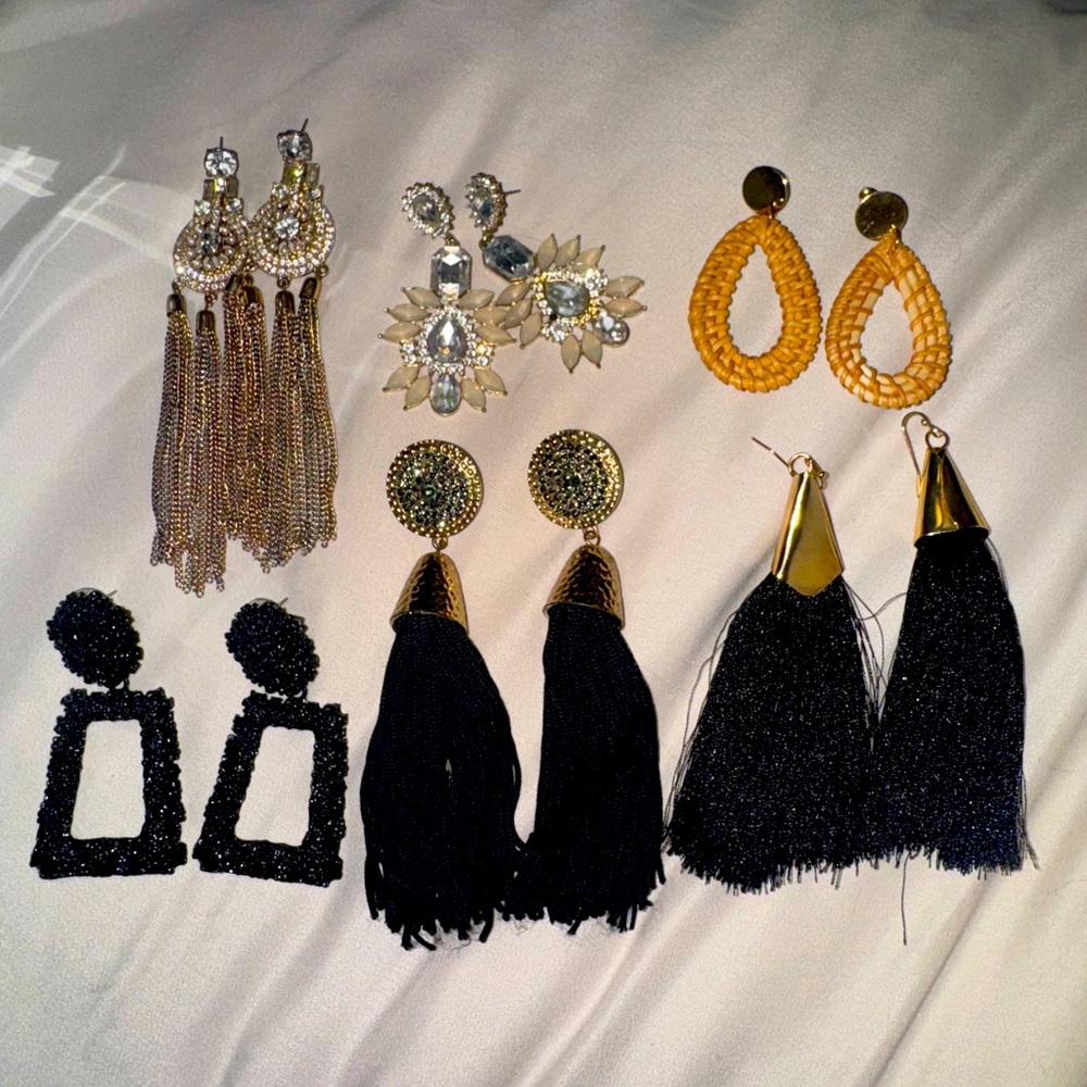 Set of 6 Elegant Gold and Black Tassel Earrings